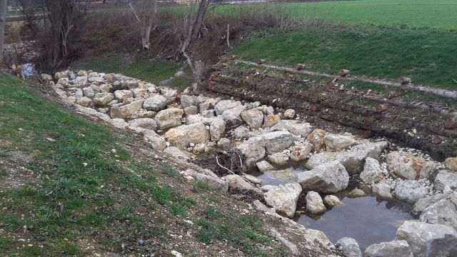 Zur Stabilisierung der Böschung am rechten Ufer wurden eine Krainerwand eingebaut. Die eingelegten Weiden haben schon ausgetrieben.
